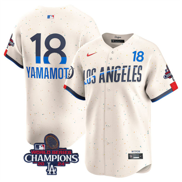 Los Angeles Dodgers #18 Yoshinobu Yamamoto Cream 2024 World Series Champions City Connect Limited Stitched Jersey - Click Image to Close